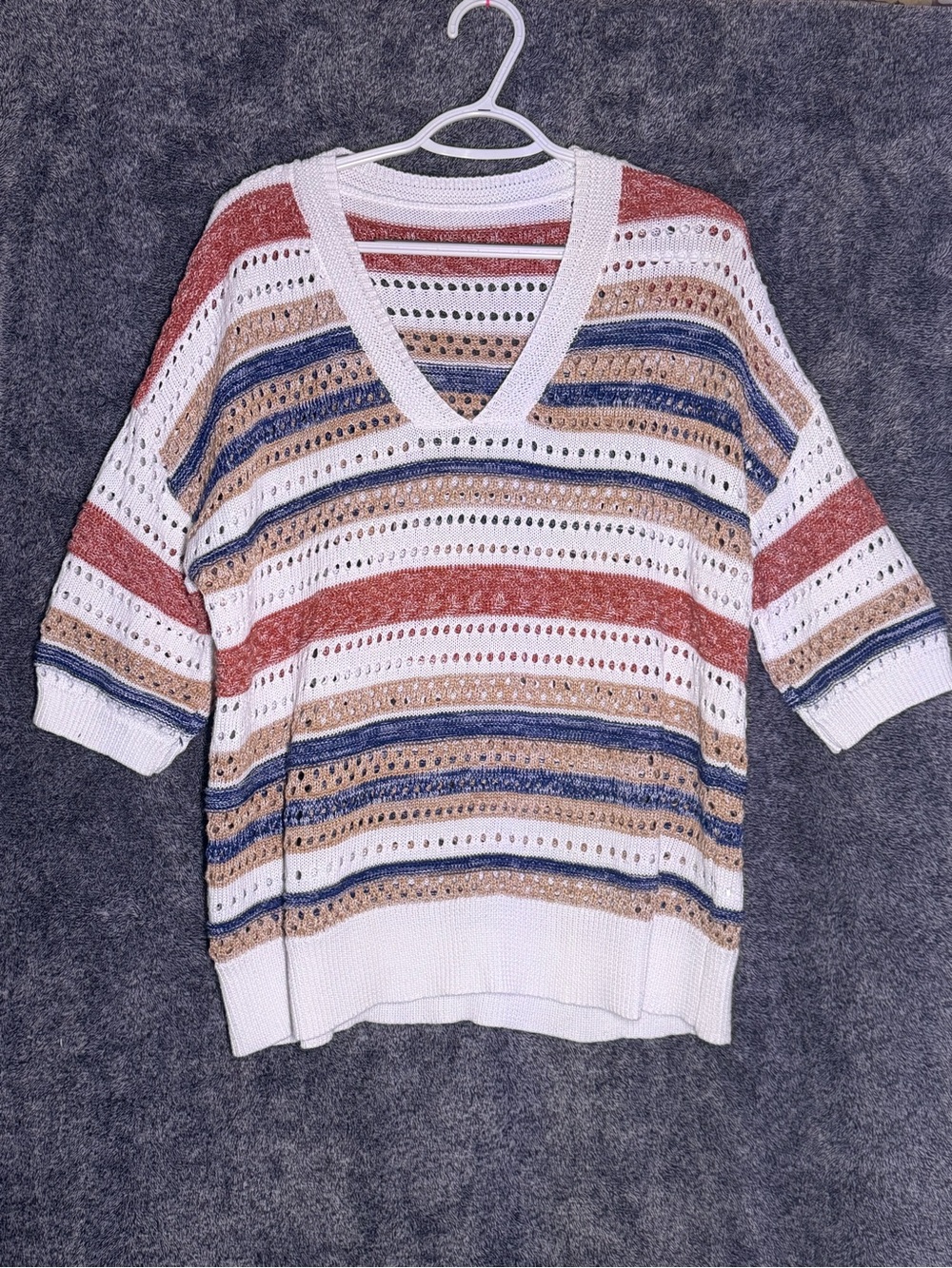 V-Neck Striped Open-Knit Sweater — White with Rust, Blue & Tan Stripes